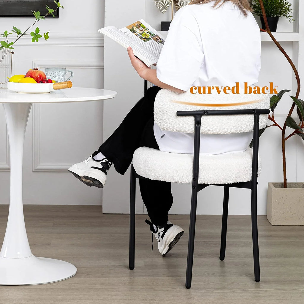 White Boucle Dining Chairs Set of 2 with Black Metal Legs H568