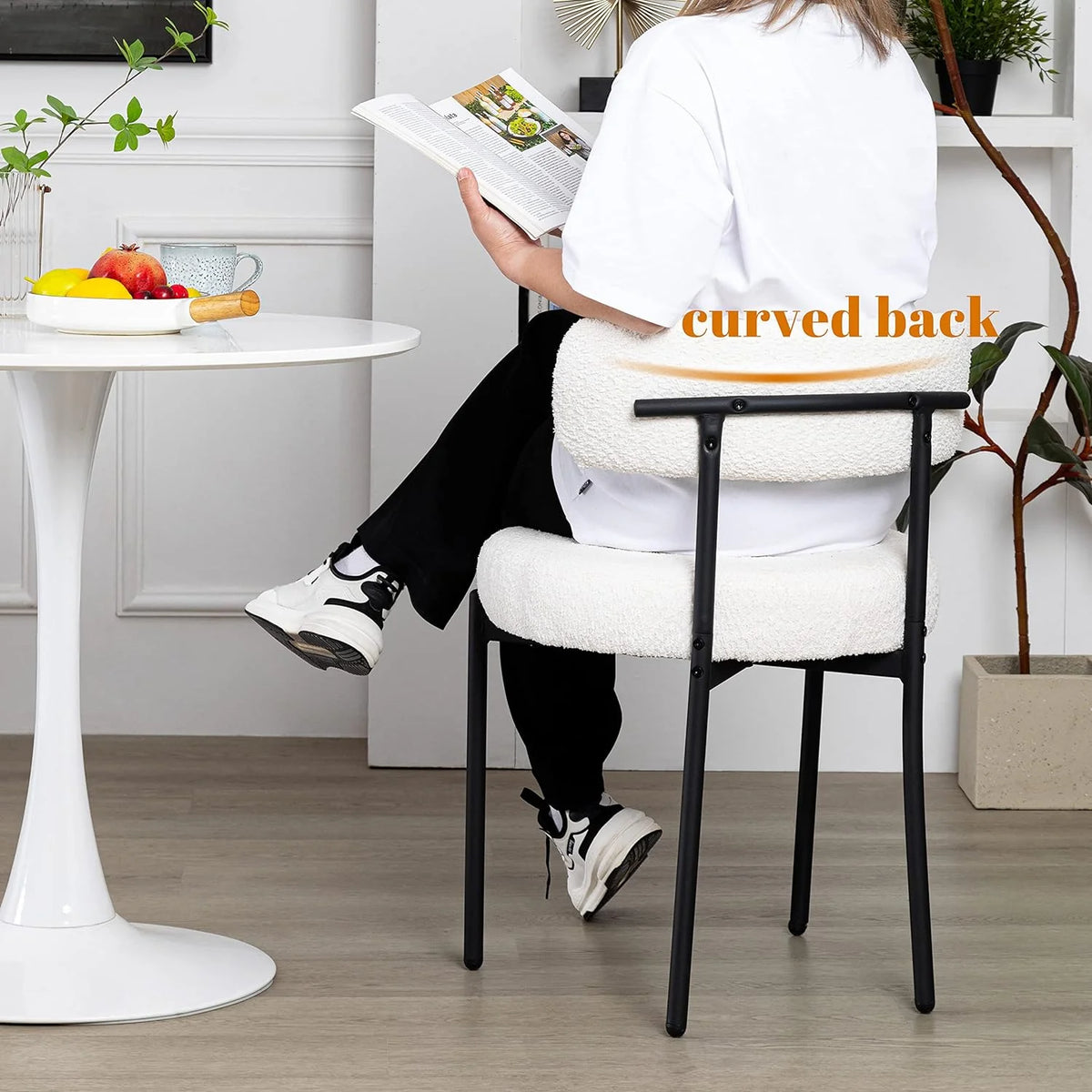 White Boucle Dining Chairs Set of 2 with Black Metal Legs H568