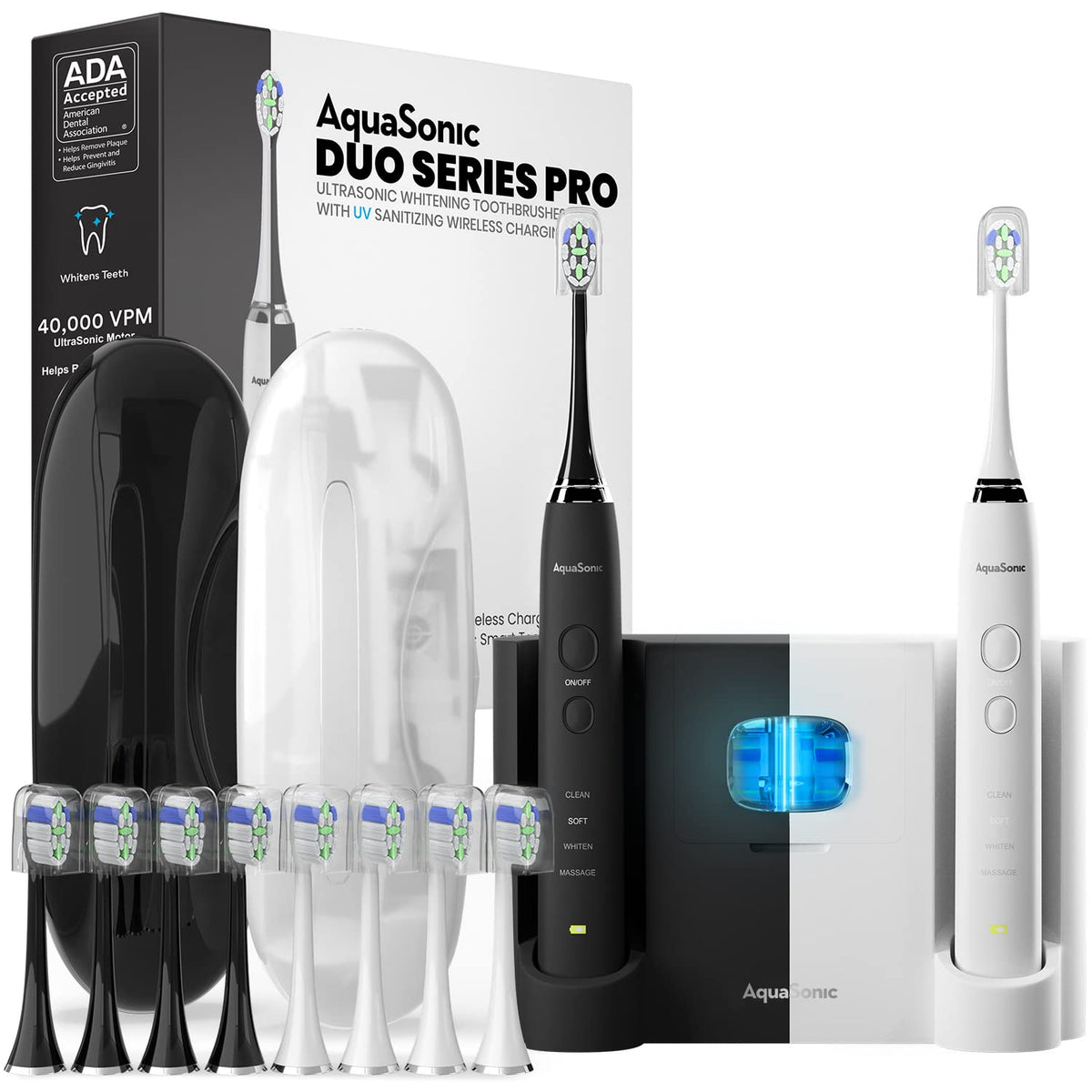 Electric Smart Toothbrush with UV Sanitizing Charging Base, 10 Brush Heads, 2 Travel Cases, Pack of 2 Q59347