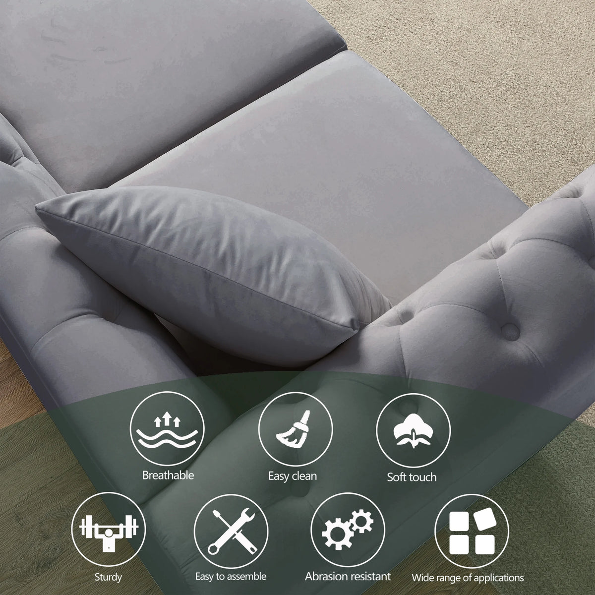 80" Chesterfield Sofa Grey Velvet 3 Seater Tufted Couch with Rolled Arms and Nailhead J15830