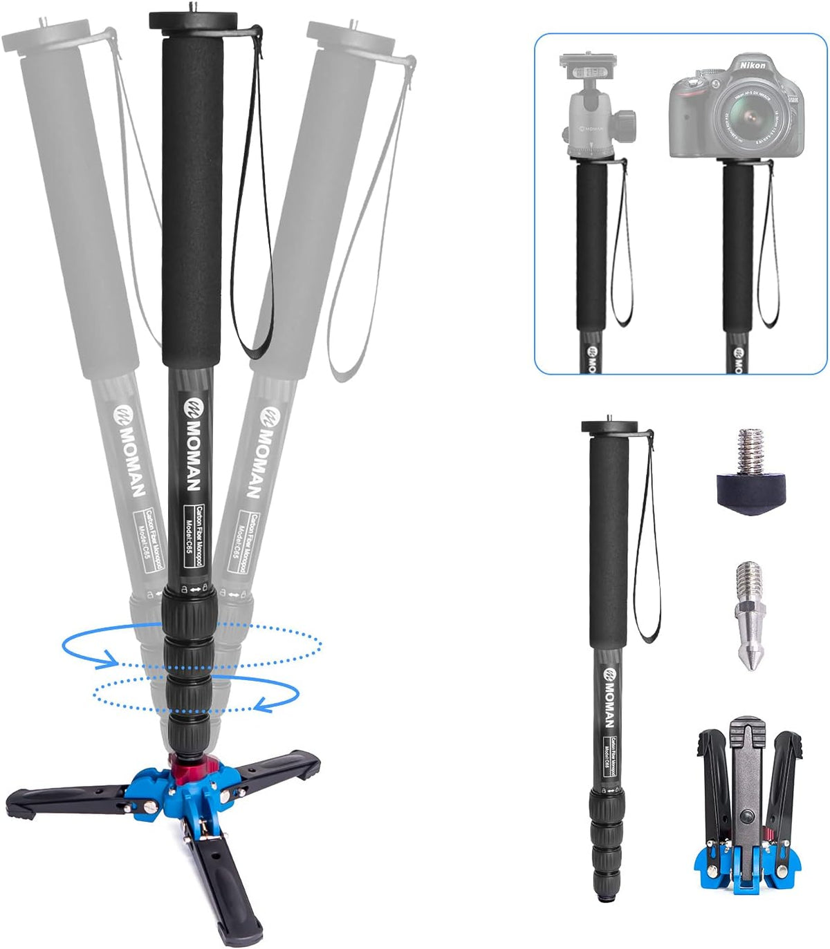 Carbon Fiber Camera Monopod with Removable Base, 5-Section Leg 65” Max. Height N773628