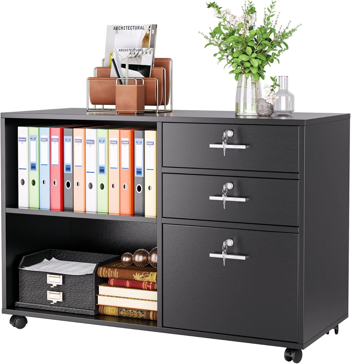 Black Wood Lateral File Cabinet with 3 Drawers and Lock W2615