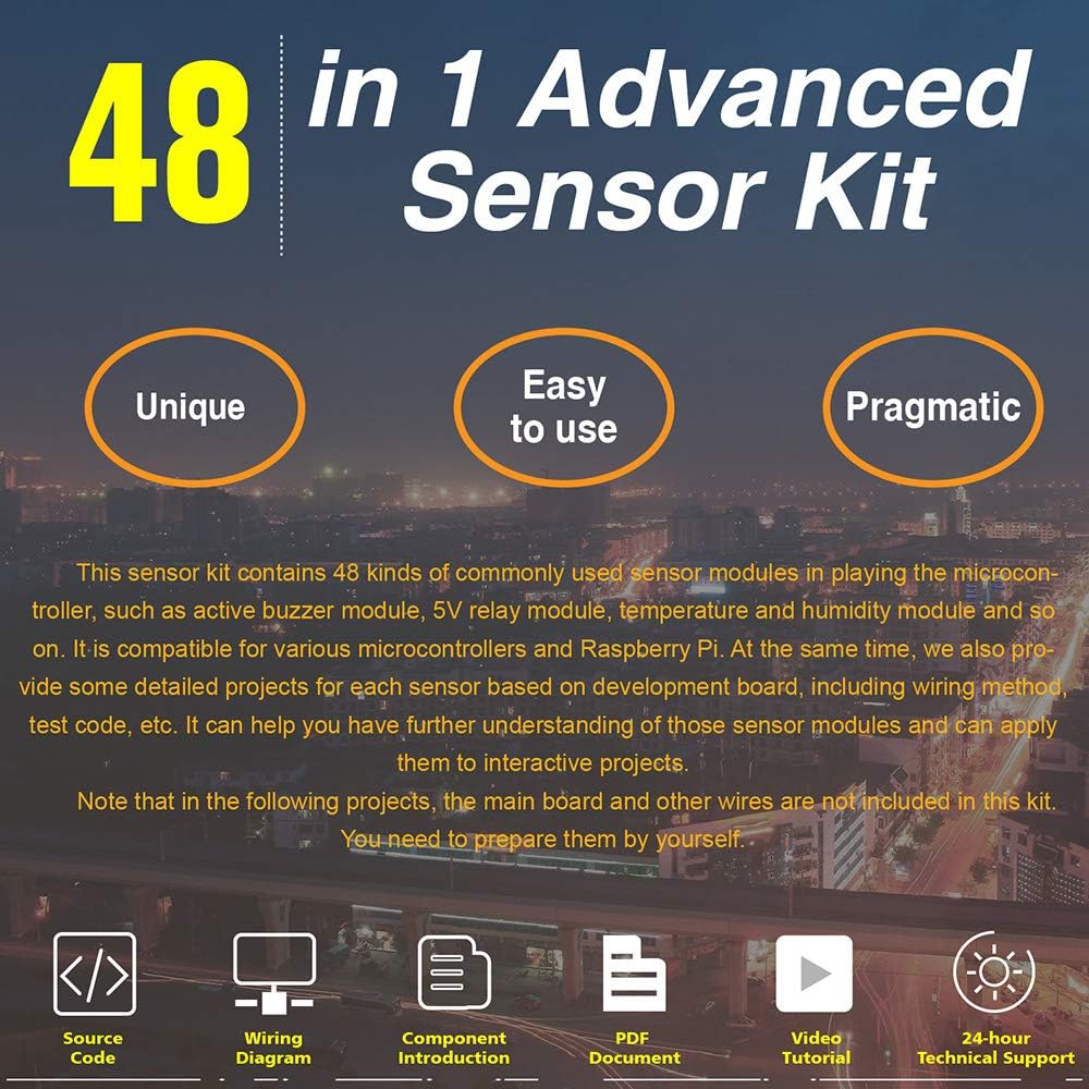 48 Sensors Modules Starter Kit with LCD, 5v Relay, IR Receiver, LED Modules, Servo Motor, PIR, Pressure Sensor, Gas Sensor P588258