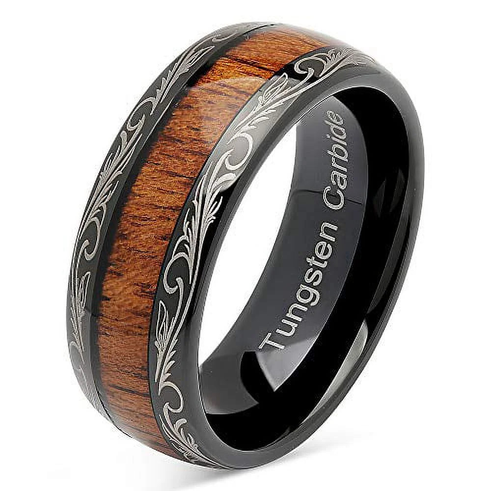Tungsten Rings with Koa Wood Inlaid Dome Edge Comfort Fit R7491