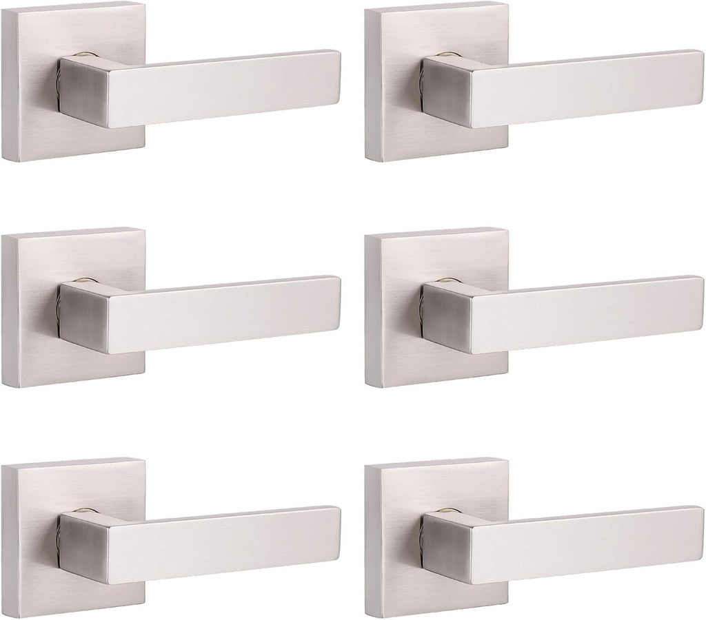 Pack of 6 Satin Nickel Square Door Handles Levers with Privacy Locks T233026