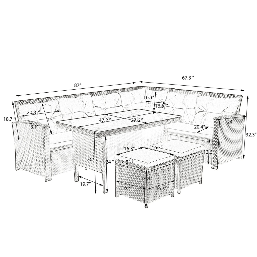 6-Piece Outdoor Sectional Sofa with Glass Table Ottomans Z650