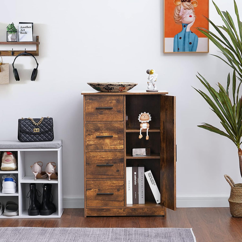 Rustic Brown Bathroom Storage Cabinet with 4 Drawers and Adjustable Shelf J8217