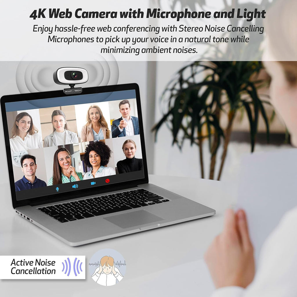 4K Webcam with Light Ultra HD 8MP Autofocus USB Web Cam with Microphone for Desktop Computer PC Streaming Camera + Tripod + USBC + Privacy Cover Pack of 2 N922
