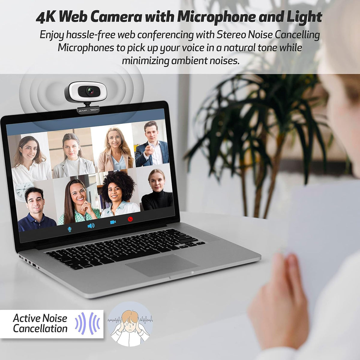 4K Webcam with Light Ultra HD 8MP Autofocus USB Web Cam with Microphone for Desktop Computer PC Streaming Camera + Tripod + USBC + Privacy Cover Pack of 2 N922