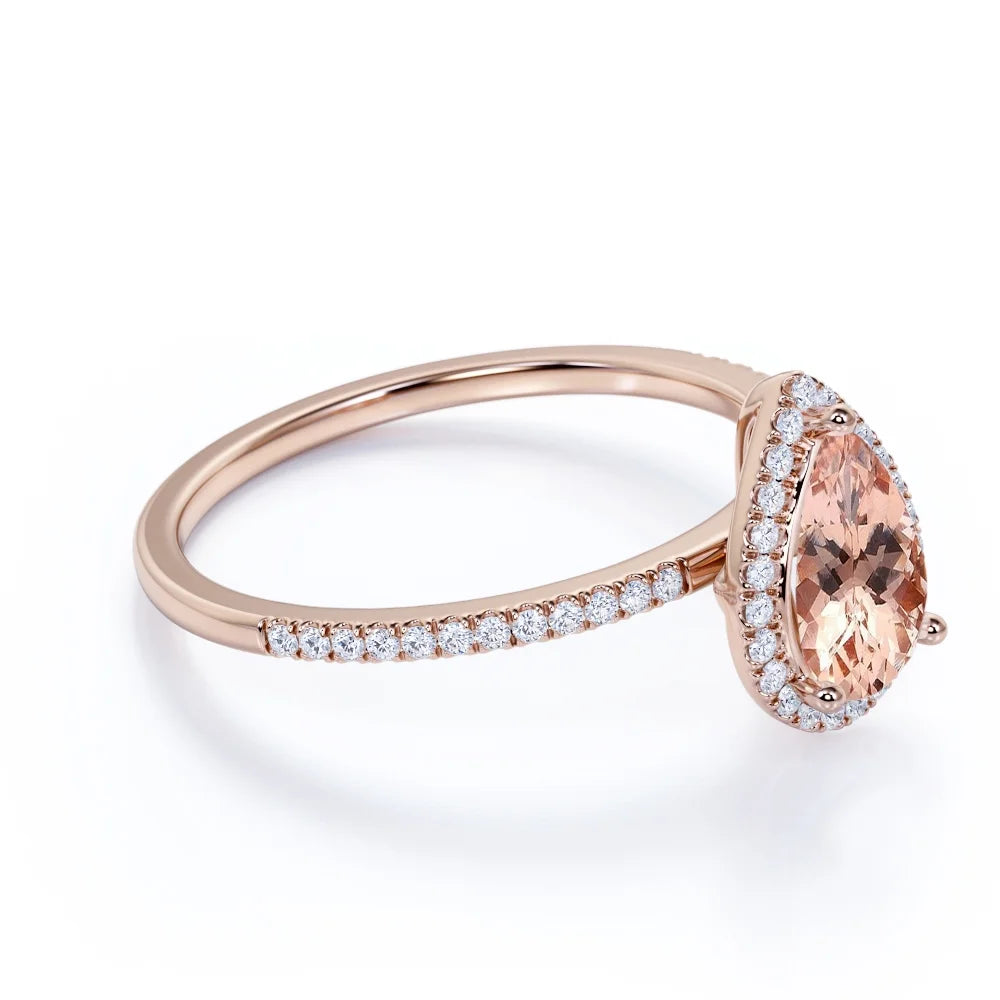 1 Carat Pear Cut Morganite Moissanite Halo Engagement Ring in Rose Gold Q26574
