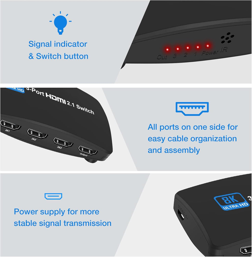 HDMI 2.1 Switch 3 in 1 Out with Remote Control Pack of 2 U94232