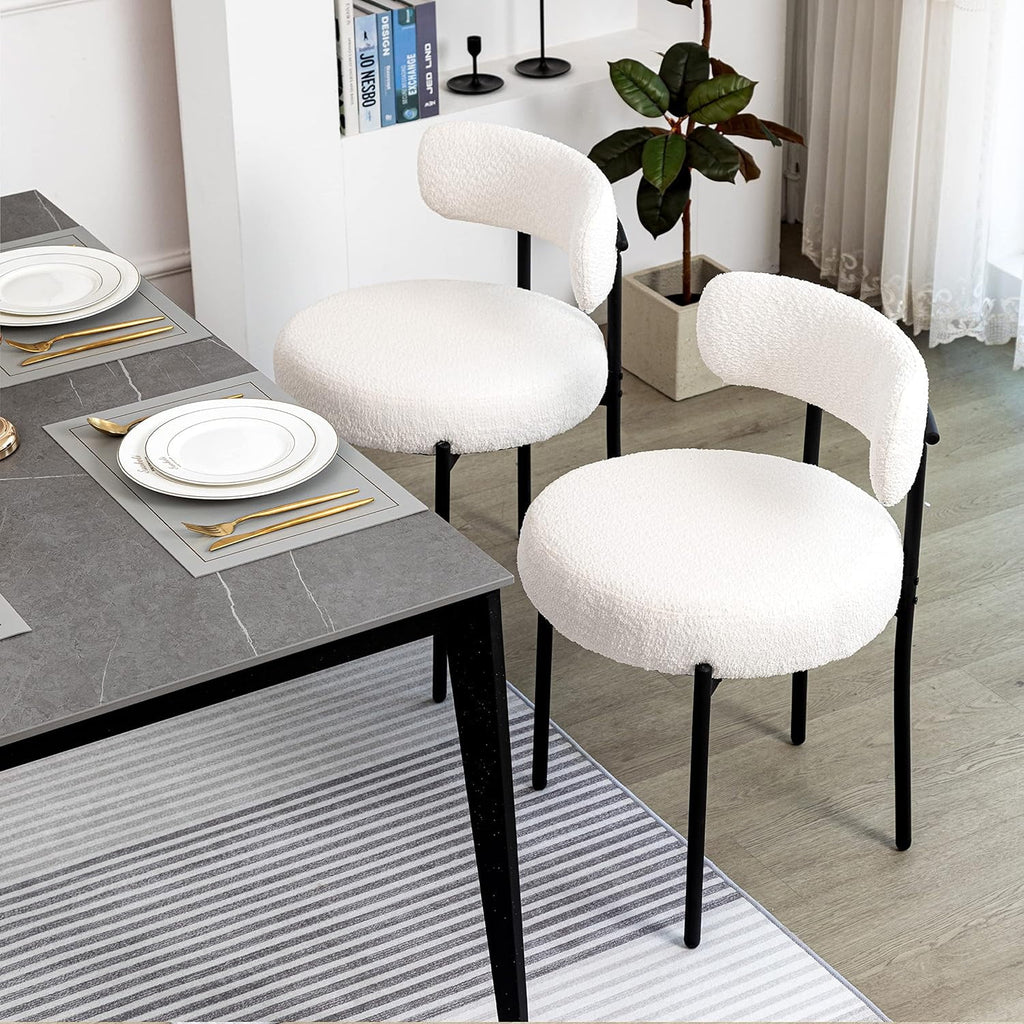 White Boucle Dining Chairs Set of 2 with Black Metal Legs H568