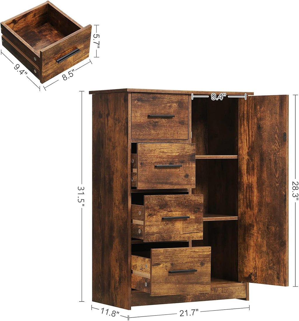 Rustic Brown Bathroom Storage Cabinet with 4 Drawers and Adjustable Shelf J8217