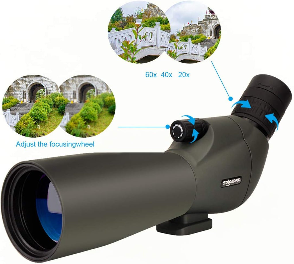 20-60x60 HD Spotting Scope BAK4 45 Degree Angled Eyepiece Telescope with Tripod, Carrying Bag H3298