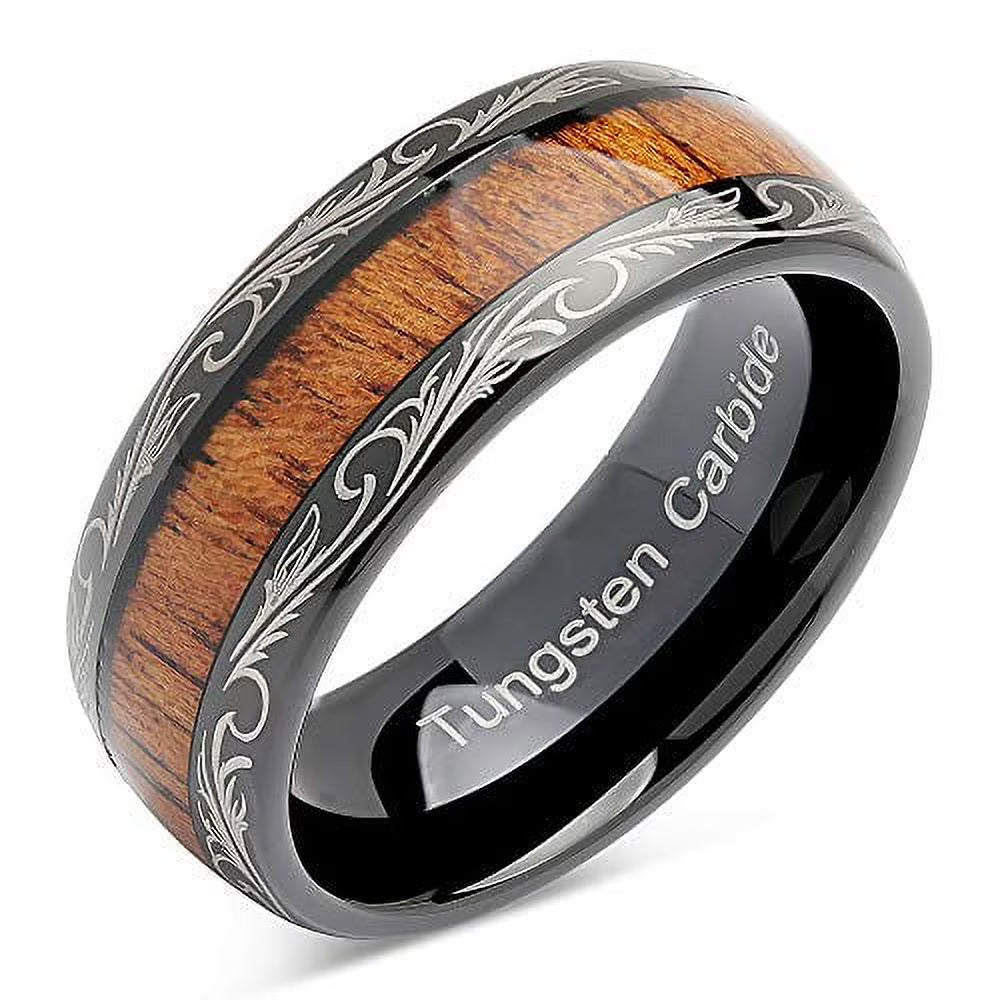 Tungsten Rings with Koa Wood Inlaid Dome Edge Comfort Fit R7491