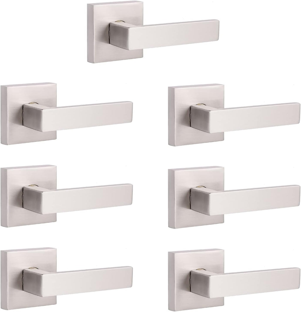 Pack of 6 Satin Nickel Square Door Handles Levers with Privacy Locks T233026