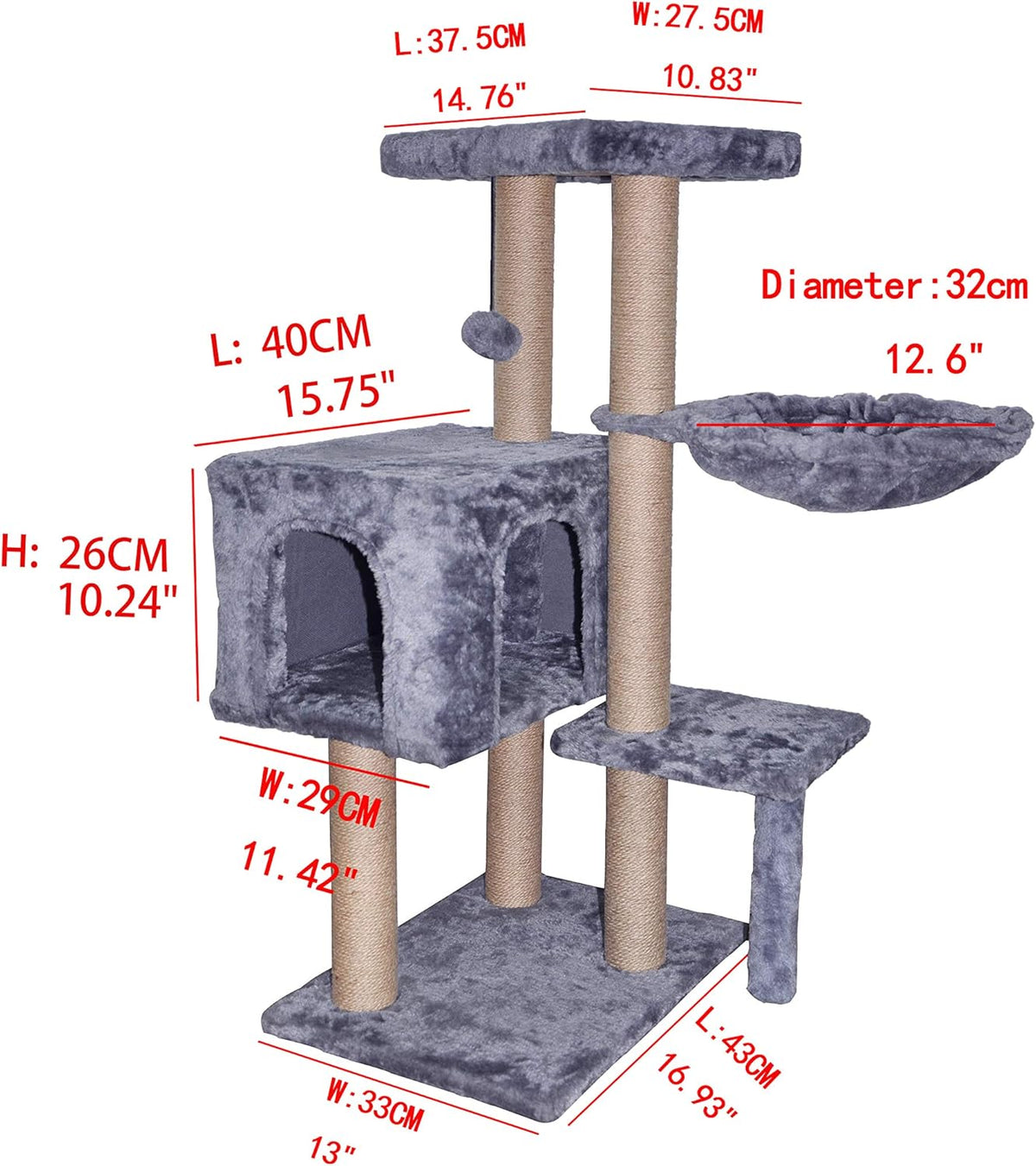 Grey Cat Tree with Scratching Toy and Ball Activity Centre R231883