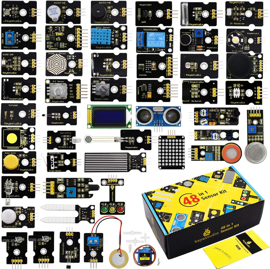 48 Sensors Modules Starter Kit with LCD, 5v Relay, IR Receiver, LED Modules, Servo Motor, PIR, Pressure Sensor, Gas Sensor P588258