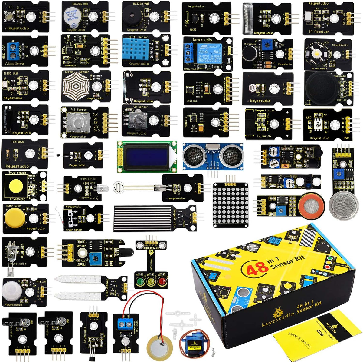 48 Sensors Modules Starter Kit with LCD, 5v Relay, IR Receiver, LED Modules, Servo Motor, PIR, Pressure Sensor, Gas Sensor P588258