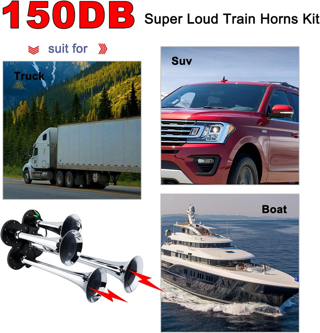 150DB Train Horns Kit with 120 PSI 12V Compressor and Gauge E361