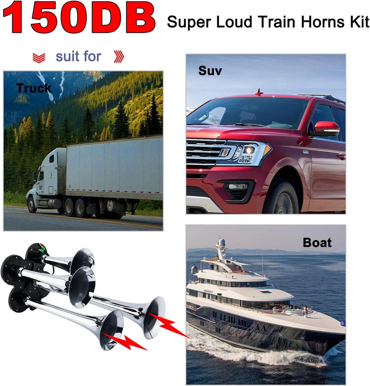 150DB Train Horns Kit with 120 PSI 12V Compressor and Gauge E361