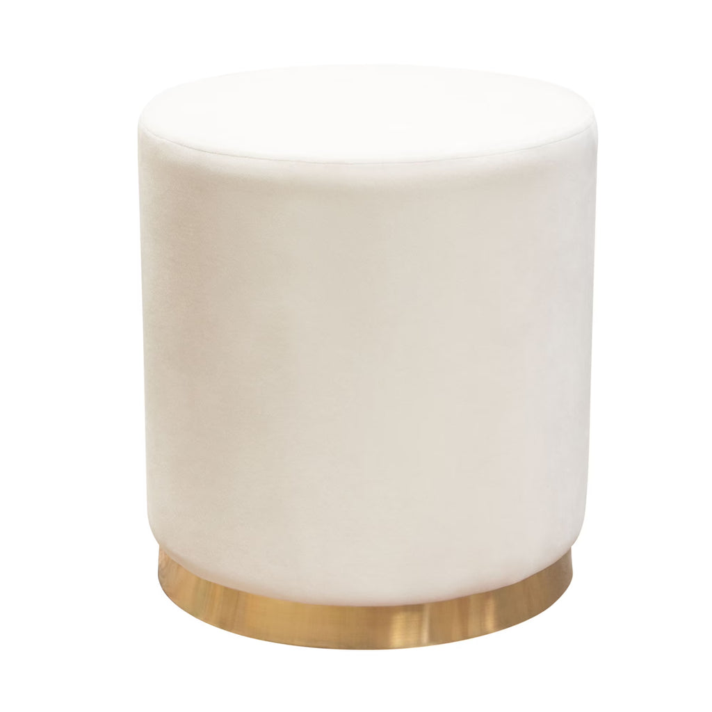 Cream Velvet Round Accent Ottoman with Gold Metal Band O1558