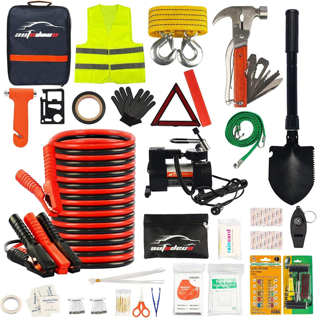 118 Pieces Car Emergency Kit with Jumper Cables, Air Compressor, Tow Strap, Hammer, Shovel E70236