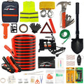 118 Pieces Car Emergency Kit with Jumper Cables, Air Compressor, Tow Strap, Hammer, Shovel E70236