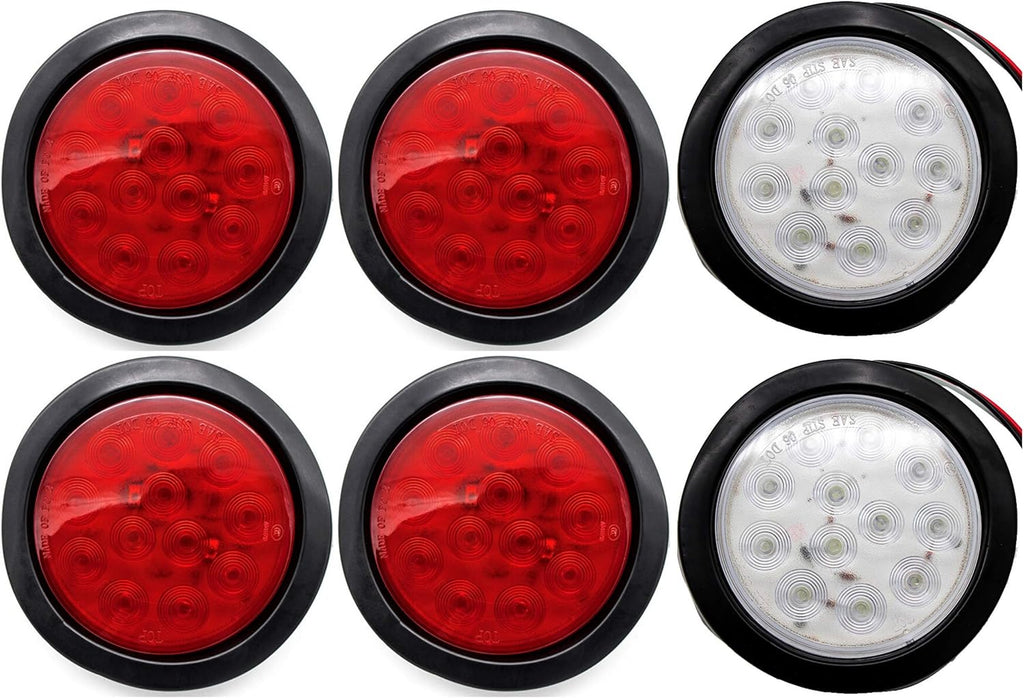 4" Inch White Red Amber 12 LED Round Trailer Light Kit with 3 wire Pigtail Plug & Grommet, Pack of 2 H439622