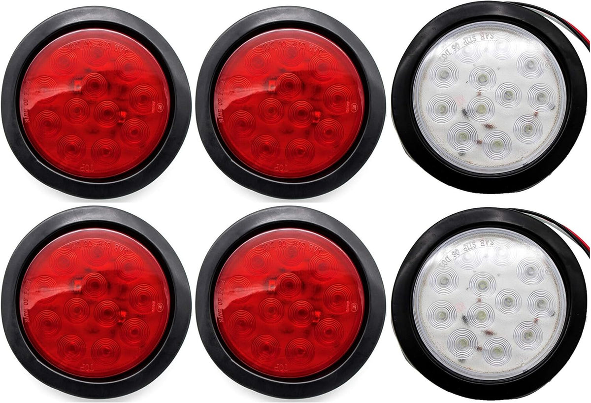 4" Inch White Red Amber 12 LED Round Trailer Light Kit with 3 wire Pigtail Plug & Grommet, Pack of 2 H439622