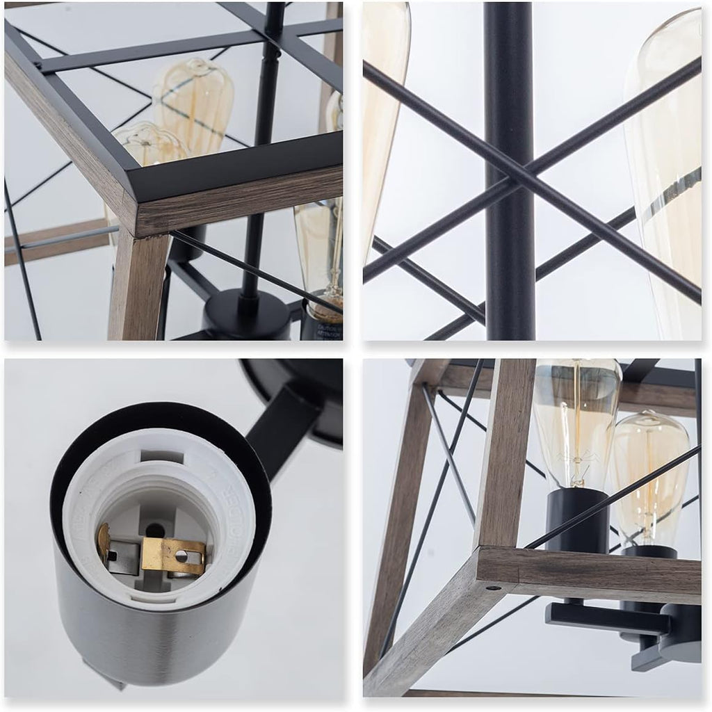Wood Farmhouse Chandelier with Metal Cage 4 Lights Pendant Light V363005