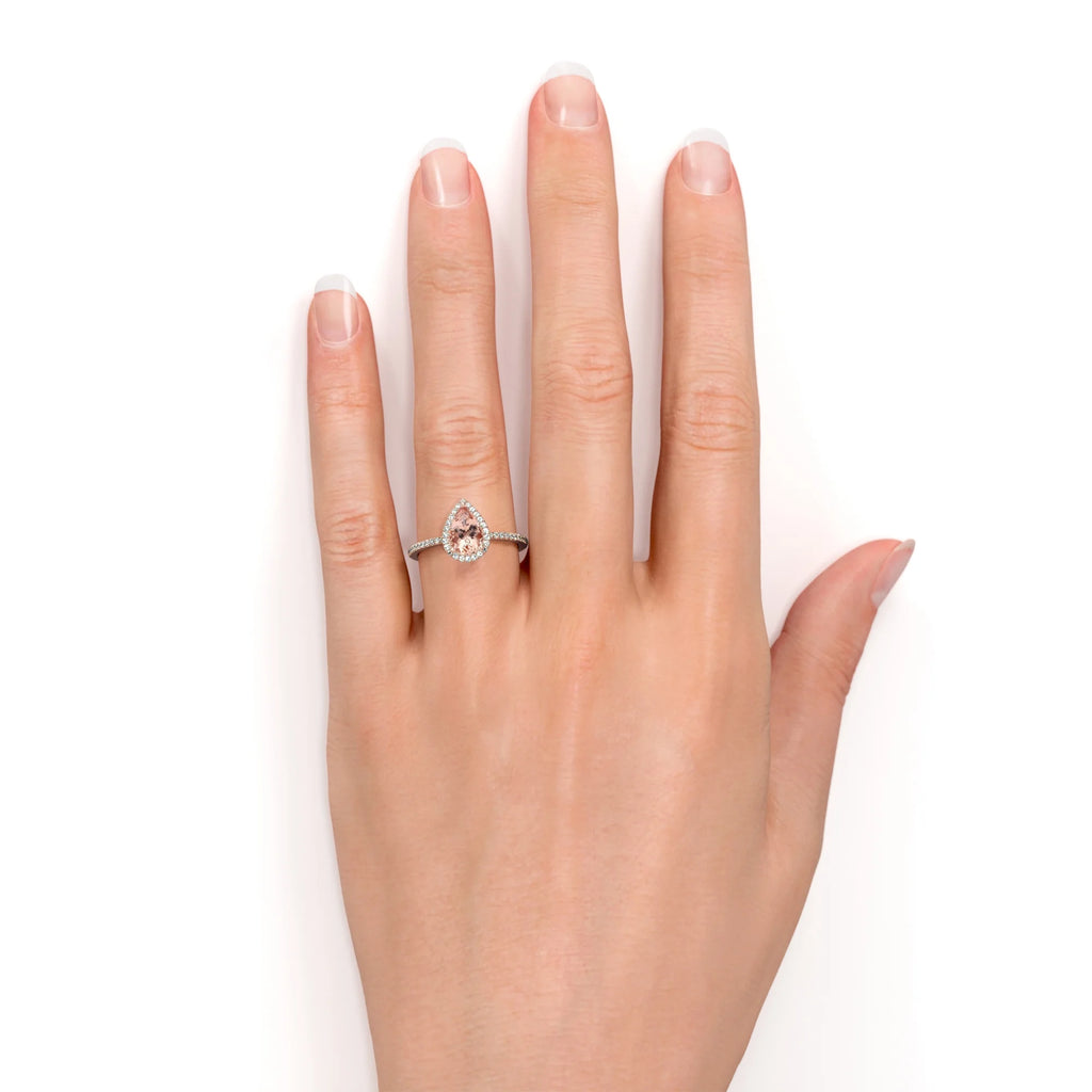 1 Carat Pear Cut Morganite Moissanite Halo Engagement Ring in Rose Gold Q26574