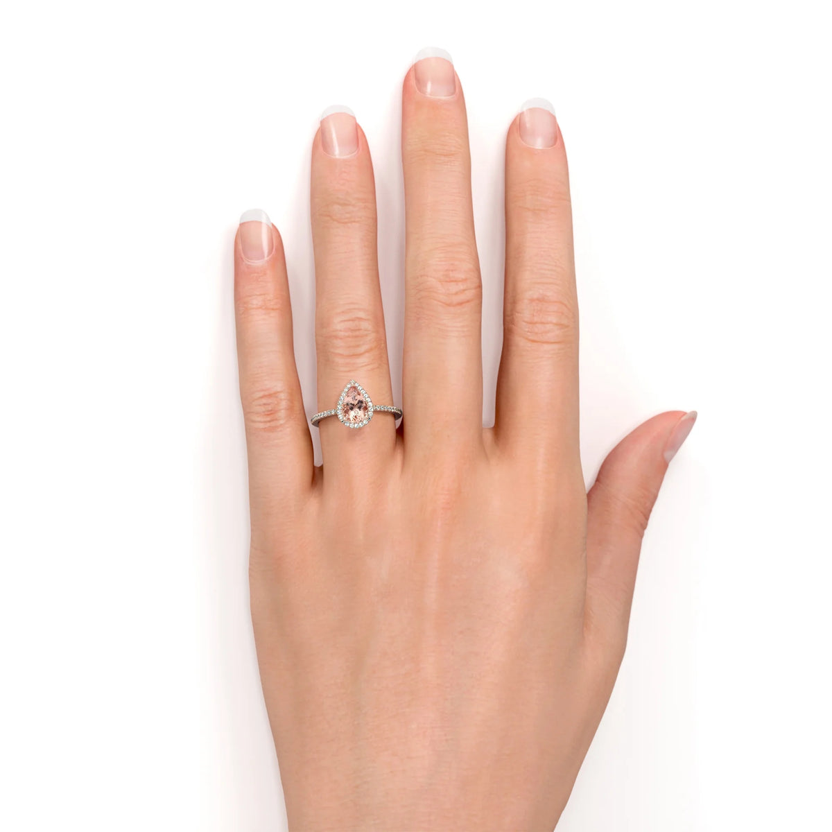 1 Carat Pear Cut Morganite Moissanite Halo Engagement Ring in Rose Gold Q26574