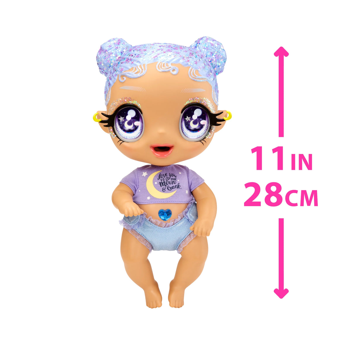 Pastel Purple Glitter Hair Baby Doll with Diaper, Bottle, Pacifier Accessories X195369