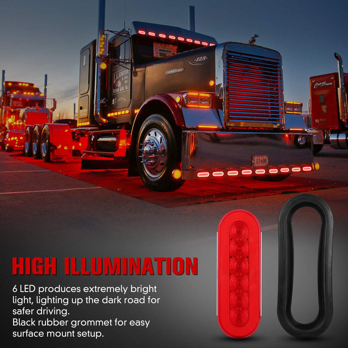 6" Oval Red LED Trailer Tail Lights 4PCS with Surface Mount Grommet H1881