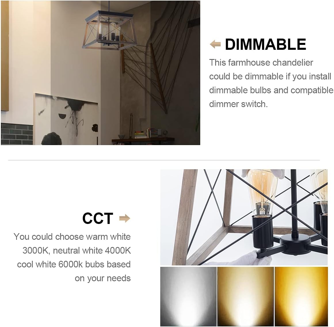 Wood Farmhouse Chandelier with Metal Cage 4 Lights Pendant Light V363005