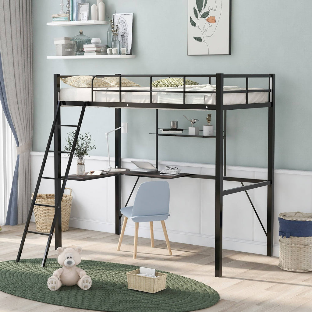 Black Metal Twin Loft Bed with Desk and Shelf E20686