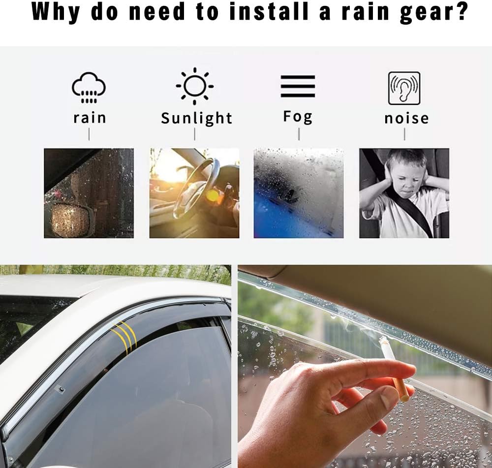 4Pcs Smoke Car Window Visors Rain Guard Tape-On Mount W60962