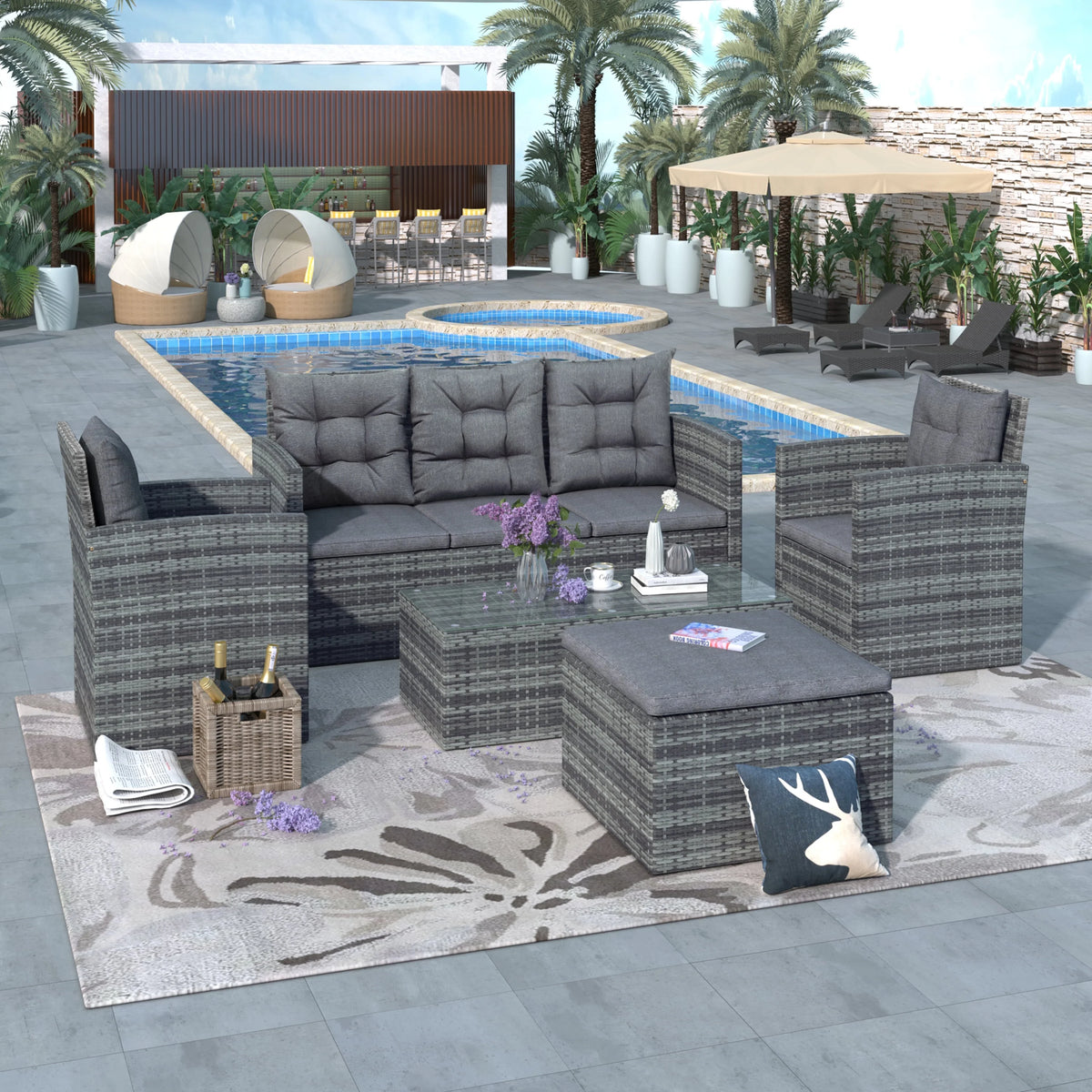 Gray PE Wicker Patio Sofa Set with Glass Table S3937