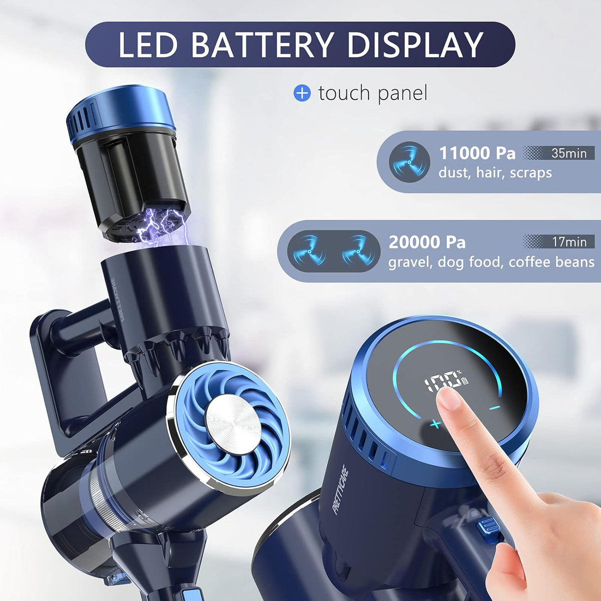 Cordless Stick Vacuum Cleaner with LED Touch Display, 20KPA, 2600mAh Detachable Battery, 4 in 1 Lightweight Rechargeable Handheld I886378
