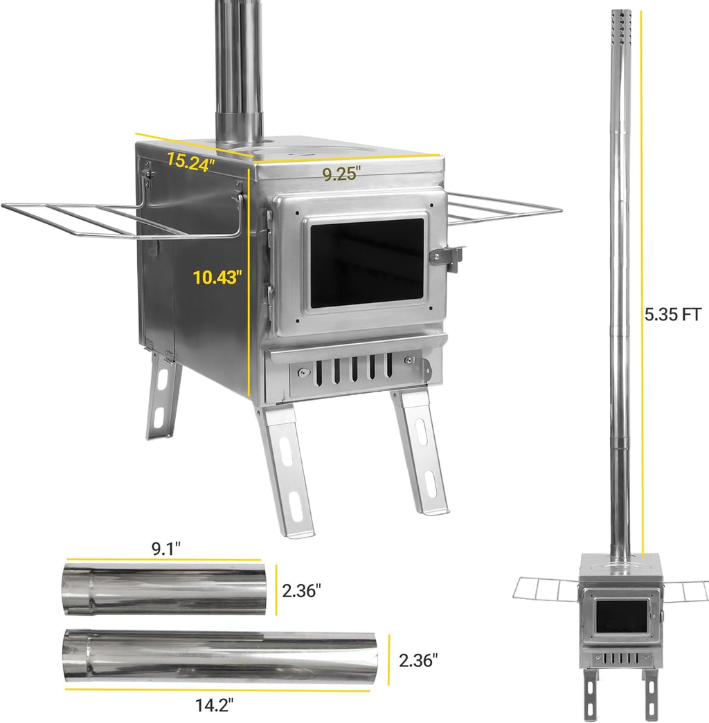Camping Tent Stove with Large Firebox, View Glass, Pipes and Slide Air Intake Valve V41661