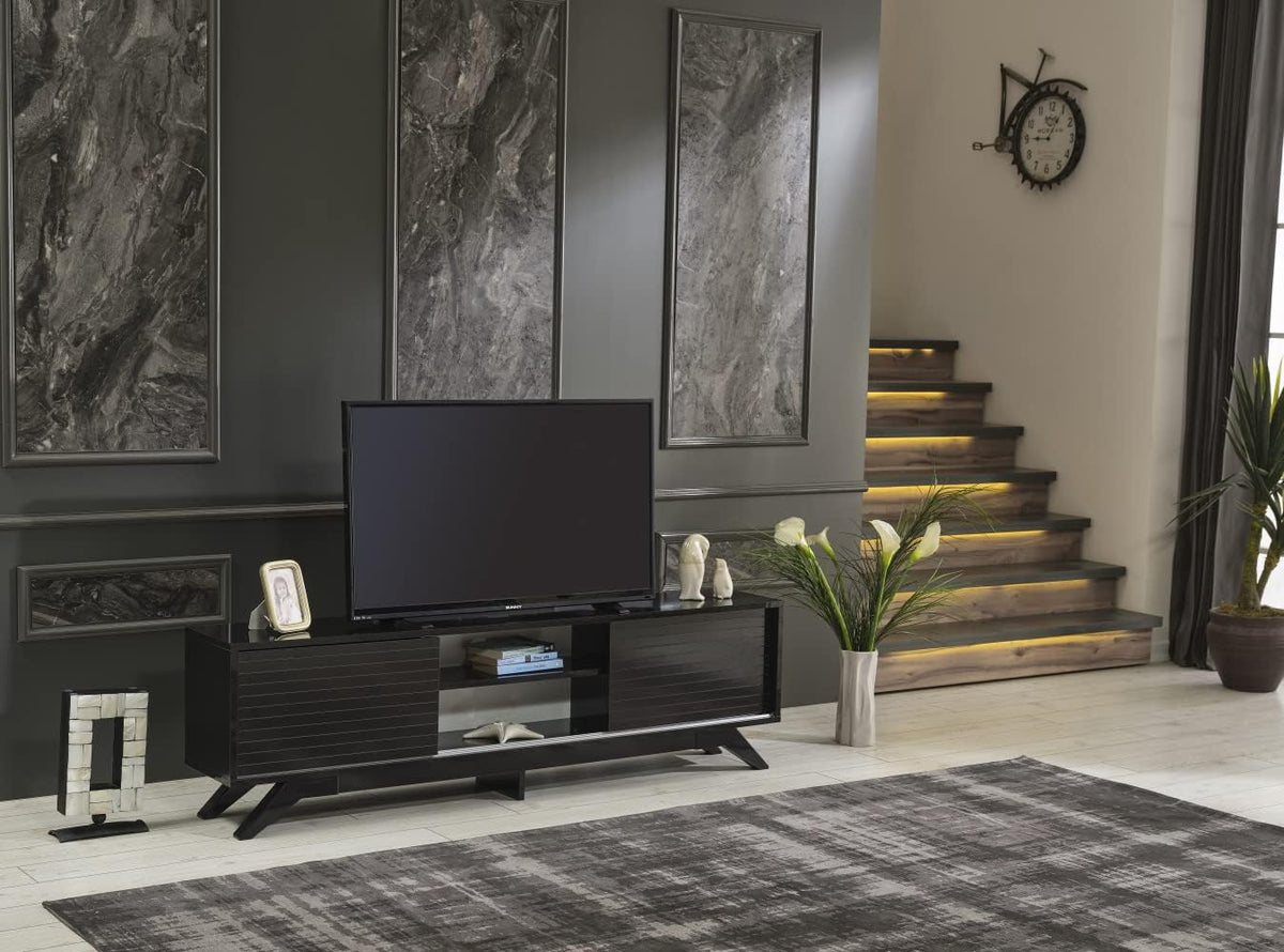 Black 67 inch TV Stand with 2 Sliding Door Cabinet and 2 Shelves X9753