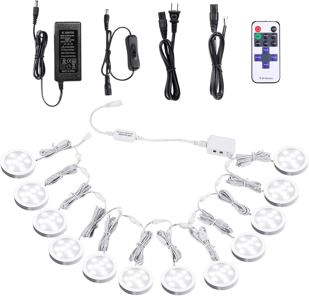 12V Dimmable LED Puck Lights with Wireless RF Remote Control, Hardwired & Wall Plug in, Daylight White, 12 Lights Kit R18927