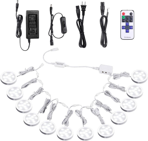 12V Dimmable LED Puck Lights with Wireless RF Remote Control, Hardwired & Wall Plug in, Daylight White, 12 Lights Kit R18927