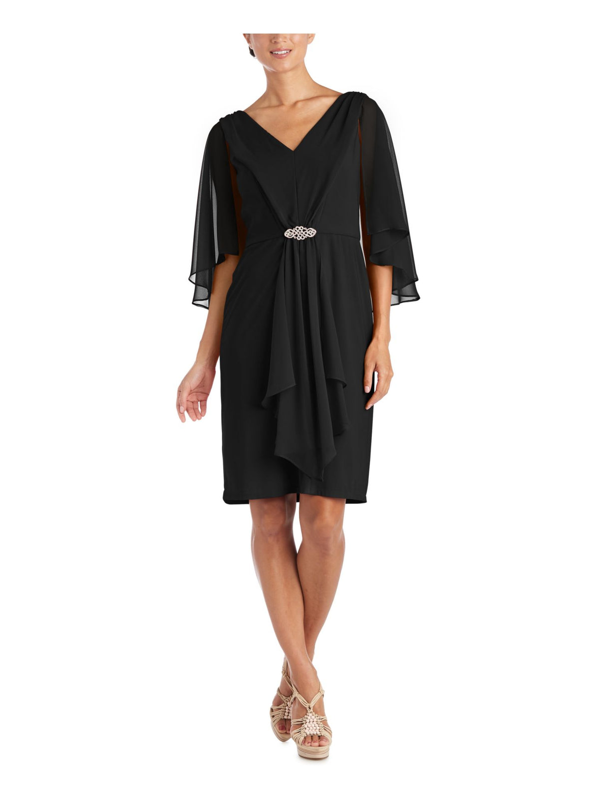 Black Embellished Zippered Bell Sleeve V Neck Knee Length Fit + Flare Dress G558842