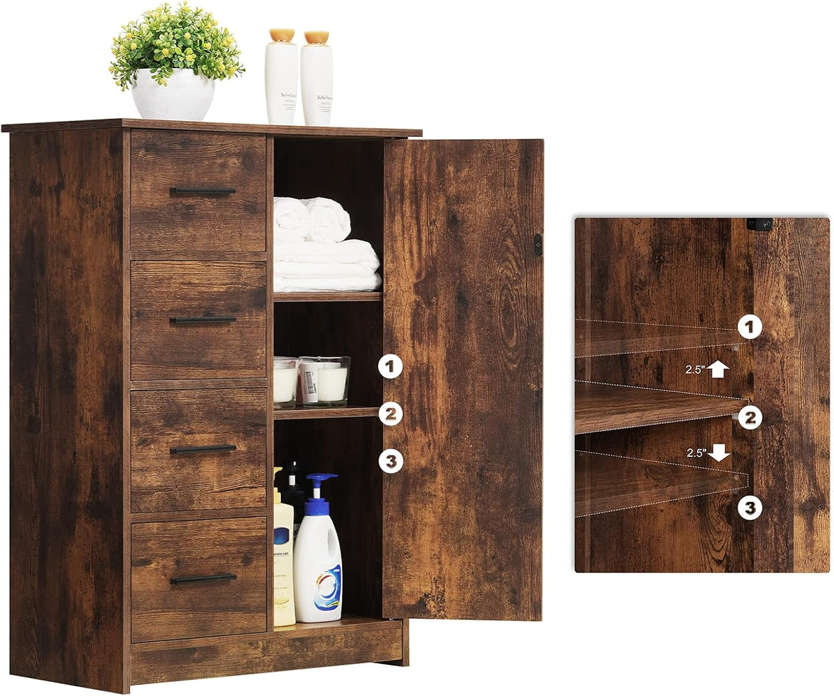 Rustic Brown Bathroom Storage Cabinet with 4 Drawers and Adjustable Shelf J8217