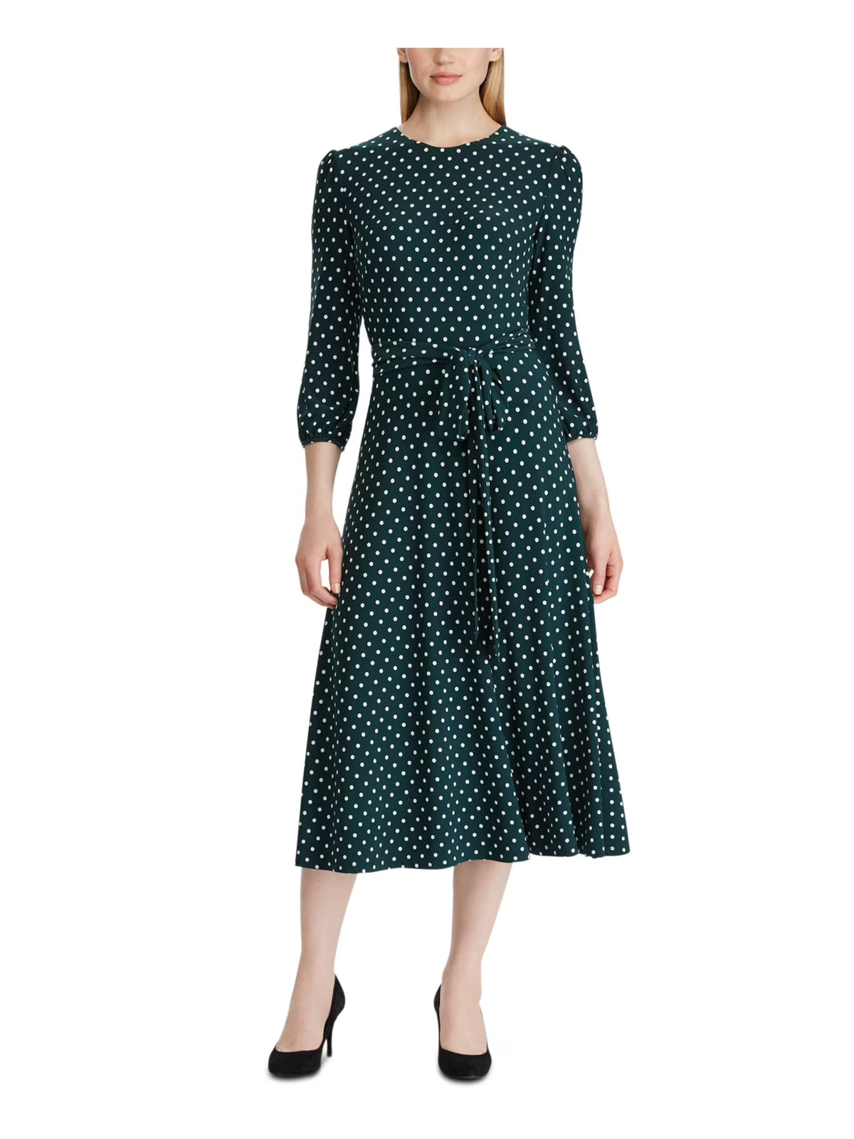 Green Long Sleeve Knee Length Faux Wrap Dress X265