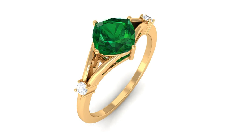 Cushion Cut Lab Grown Emerald Solitaire Ring with Diamond, 14K Yellow Gold, US 9.50 H590
