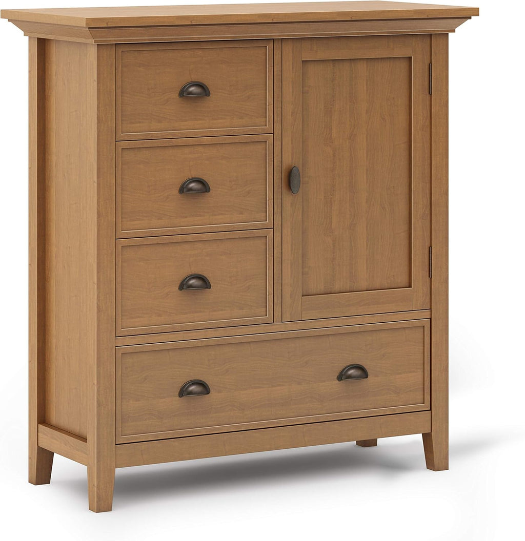 Solid Wood 39 Inch Wide Storage Cabinet in Light Golden Brown with 3 Small Drawers and 1 Large Drawer U443