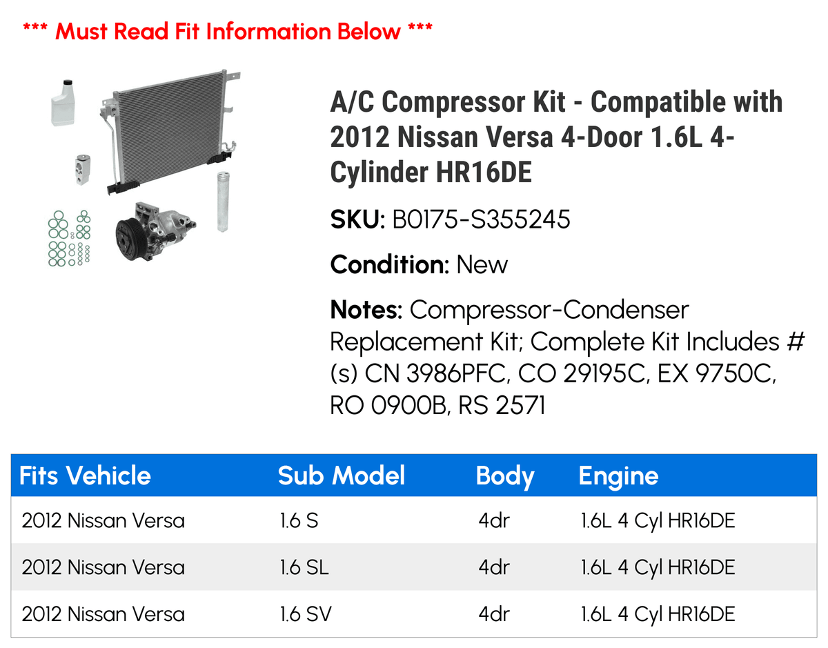 A/C Compressor Kit for 2012 Nissan Versa 1.6L Y103764